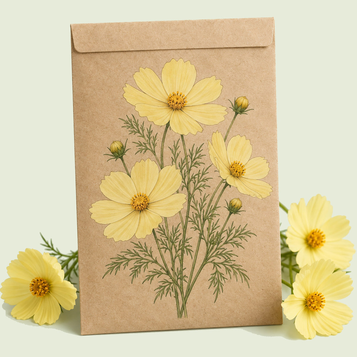 Kraft seed packet illustrated with Xanthos Yellow Cosmos Flower, with fresh Xanthos Yellow Cosmos Flower beside it