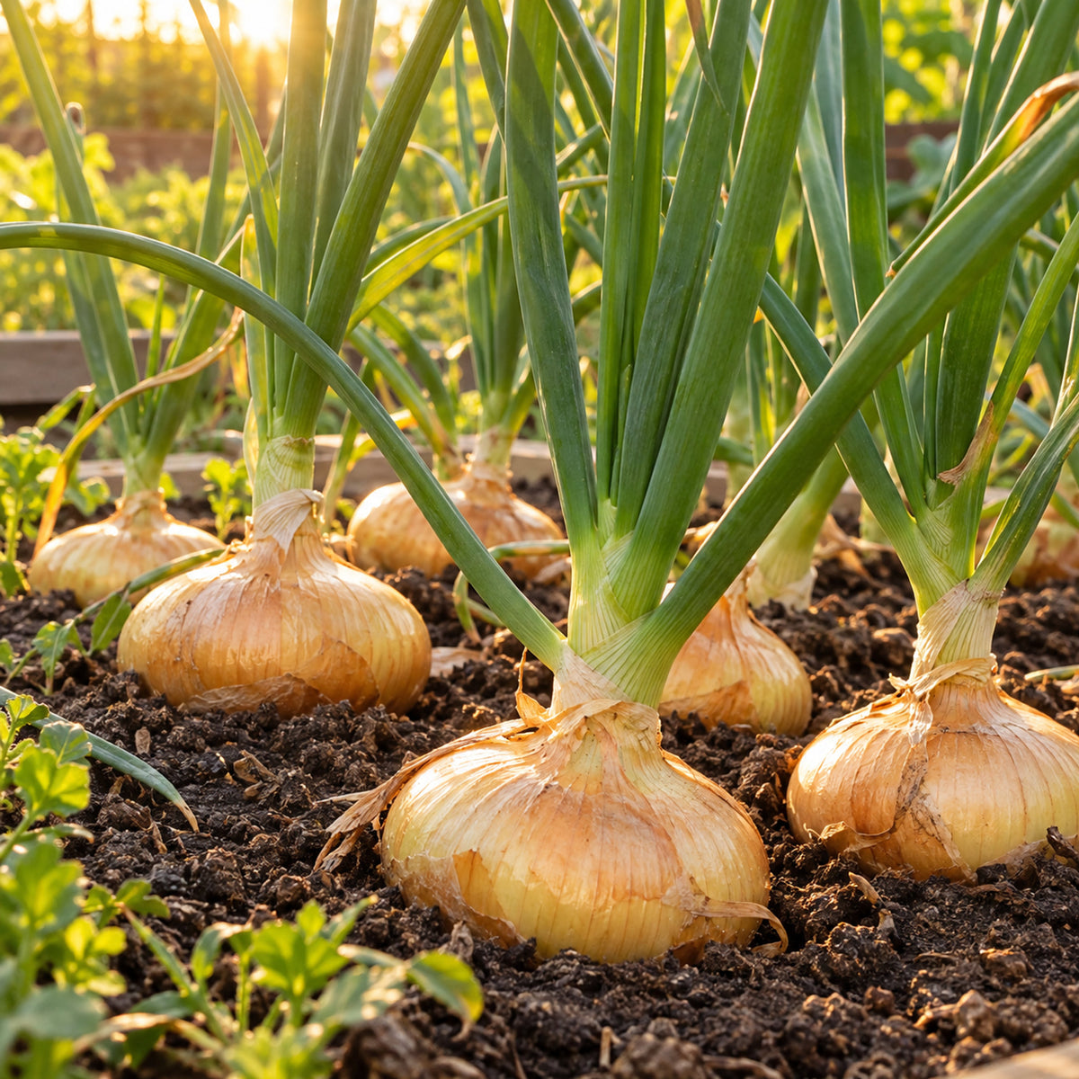 Yellow Granex PRR Onion Seeds growing in a home garden