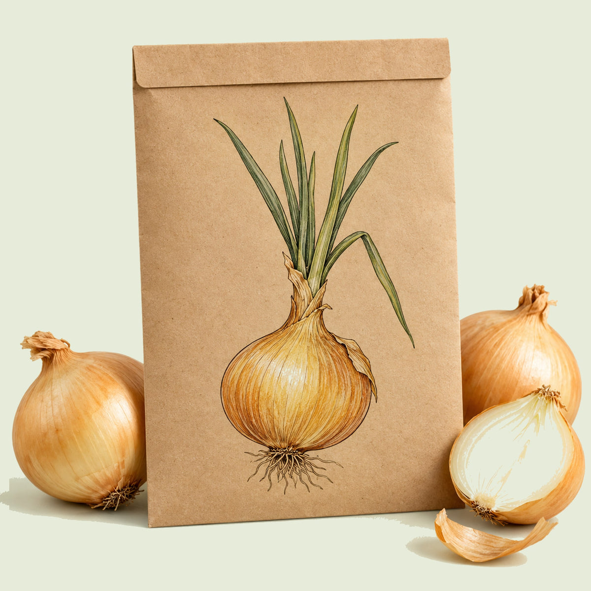 Kraft seed packet illustrated with Yellow Granex PRR Onion, with fresh Yellow Granex PRR Onion beside it