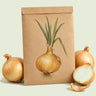 Kraft seed packet illustrated with Yellow Granex PRR Onion, with fresh Yellow Granex PRR Onion beside it