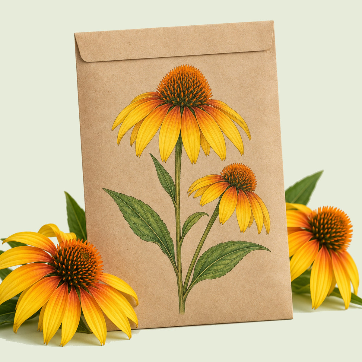 Kraft seed packet illustrated with Yellow Ombre Echinacea, with fresh Yellow Ombre Echinacea beside it