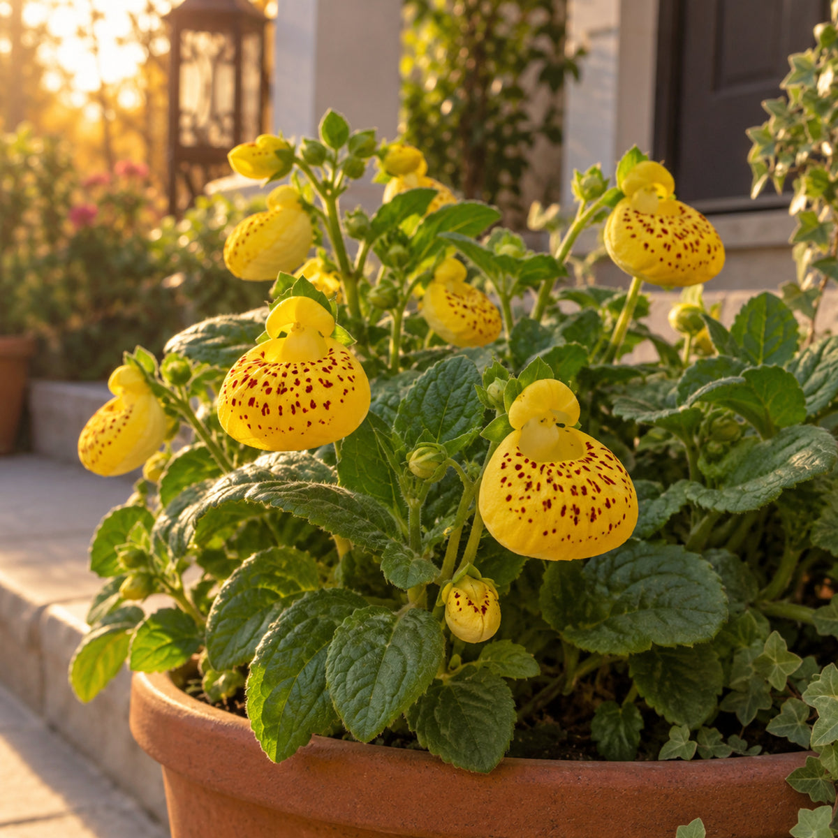 Yellow Spotted Lady's Purse Seeds growing in a home garden
