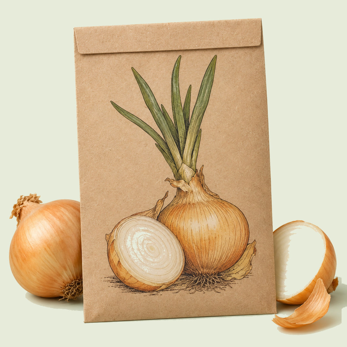Kraft seed packet illustrated with Yellow Sweet Spanish Utah Onion, with fresh Yellow Sweet Spanish Utah Onion beside it