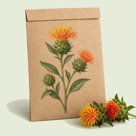 Kraft seed packet illustrated with Zanzibar Safflower, with fresh Zanzibar Safflower beside it