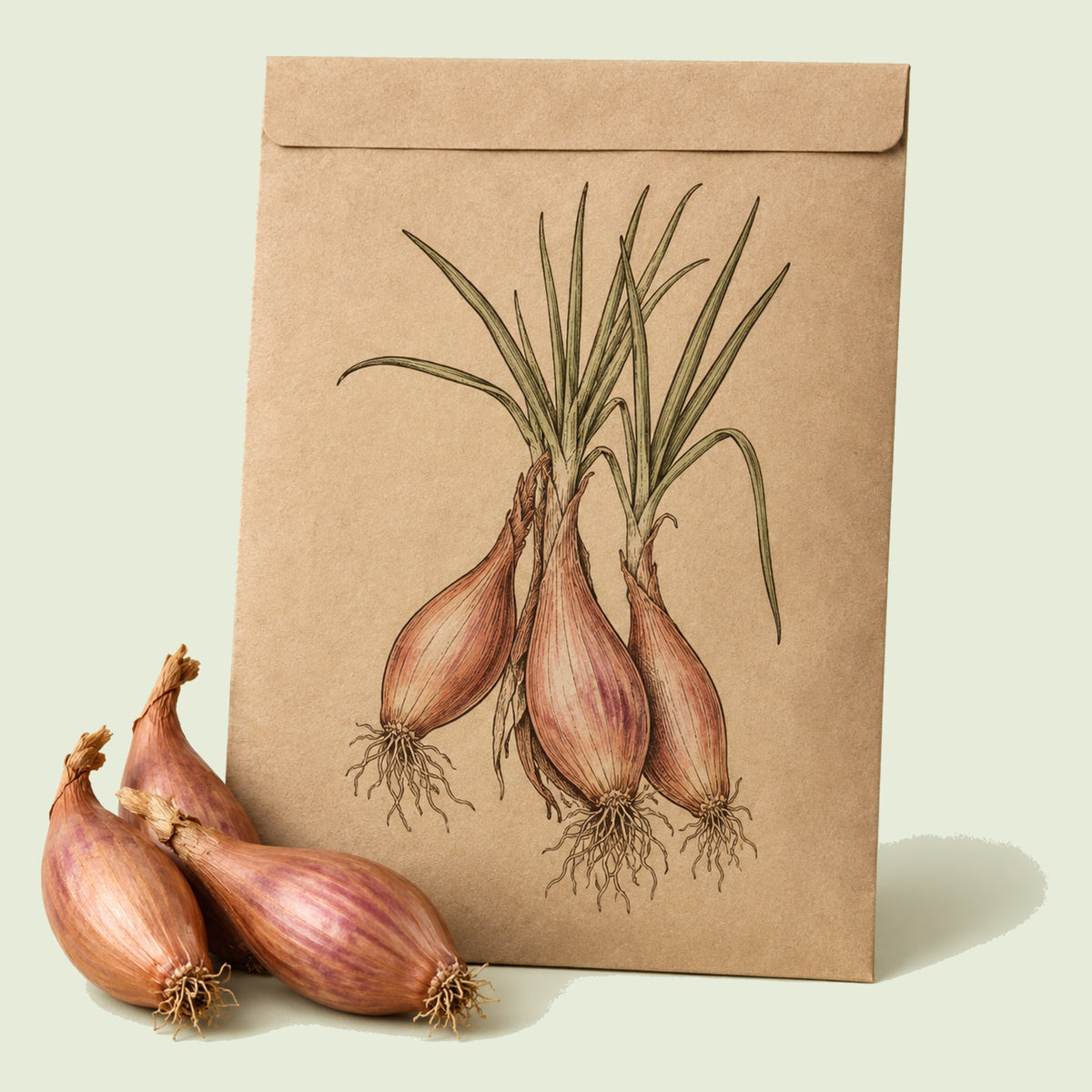 Kraft seed packet illustrated with Zebrune Mild Shallot, with fresh Zebrune Mild Shallot beside it