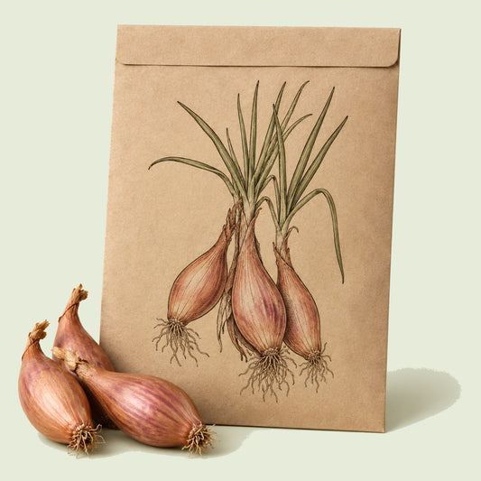 Kraft seed packet illustrated with Zebrune Mild Shallot, with fresh Zebrune Mild Shallot beside it