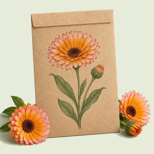 Kraft seed packet illustrated with Zeolights Calendula Flower, with fresh Zeolights Calendula Flower beside it