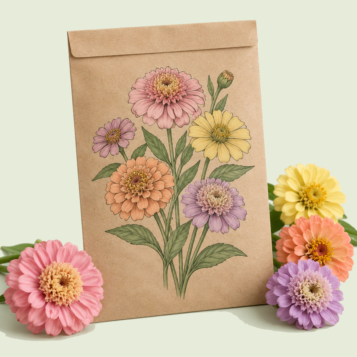 Kraft seed packet illustrated with Zinderella Pastels Zinnia, with fresh Zinderella Pastels Zinnia beside it