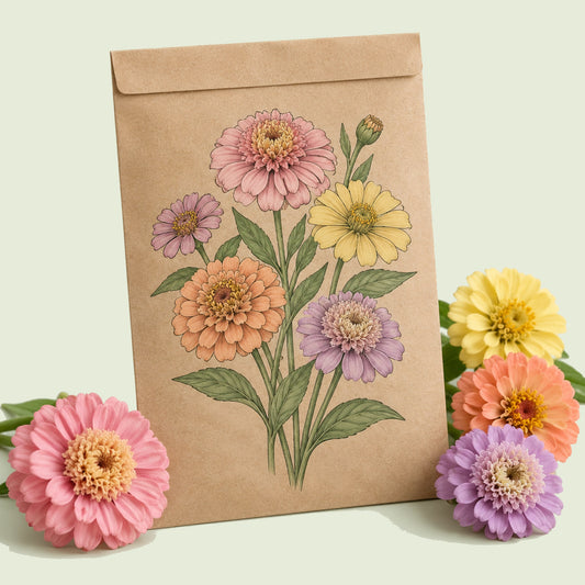 Kraft seed packet illustrated with Zinderella Pastels Zinnia, with fresh Zinderella Pastels Zinnia beside it
