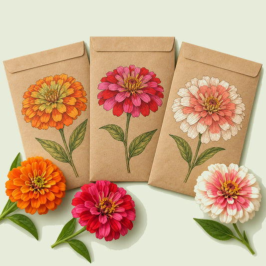 Kraft seed packet illustrated with Zinnia Cutting Garden Seed Bundle, with fresh Zinnia Cutting Garden Seed Bundle beside it