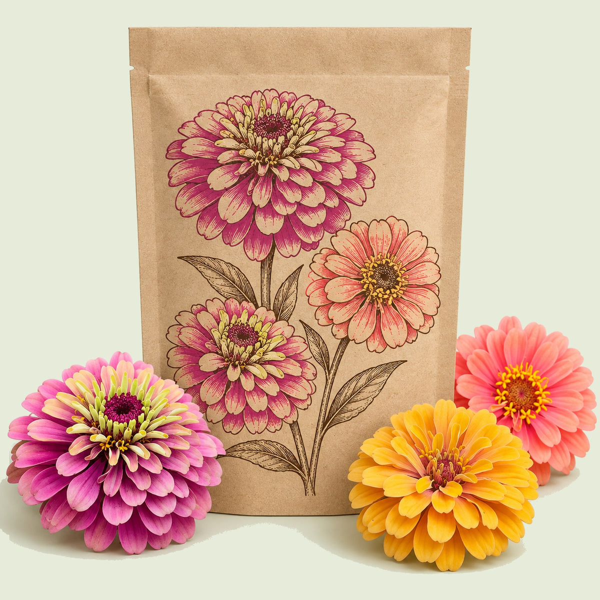Kraft seed packet illustrated with Zinnia, with fresh Zinnia beside it
