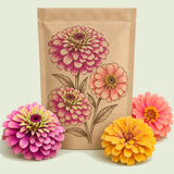 Kraft seed packet illustrated with Zinnia, with fresh Zinnia beside it
