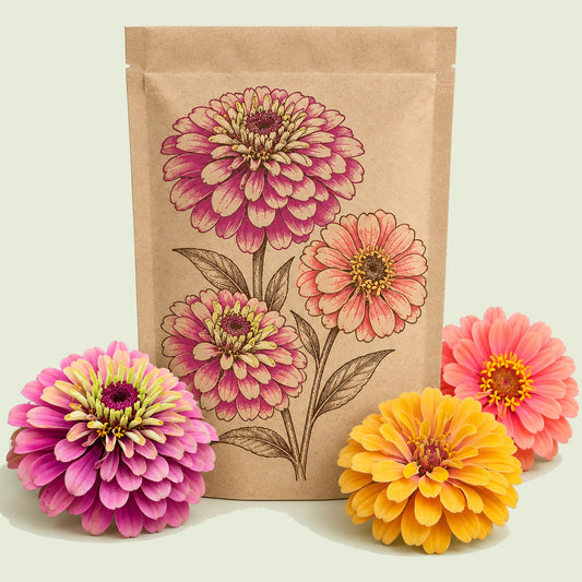 Kraft seed packet illustrated with Zinnia, with fresh Zinnia beside it