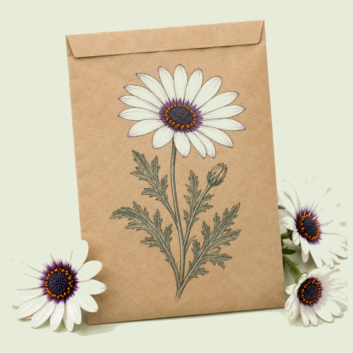 Kraft seed packet illustrated with Zulu Prince Cape Daisy, with fresh Zulu Prince Cape Daisy beside it